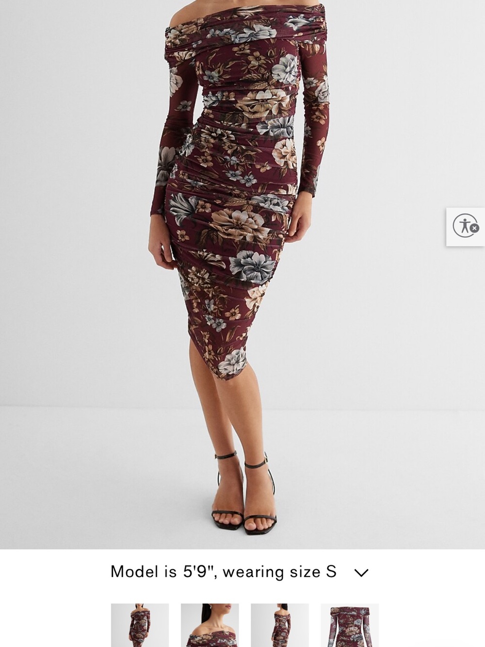 Express Burgundy Floral Off-Shoulder Ruched Midi Skirt